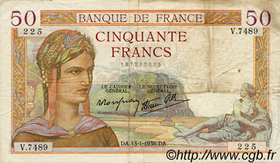 50 Francs CÉRÈS modifié FRANCE  1938 F.18.07 VF-