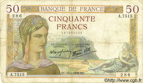 50 Francs CÉRÈS modifié FRANCE  1938 F.18.07 VG