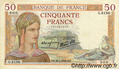 50 Francs CÉRÈS modifié FRANCIA  1938 F.18.12 MBC+