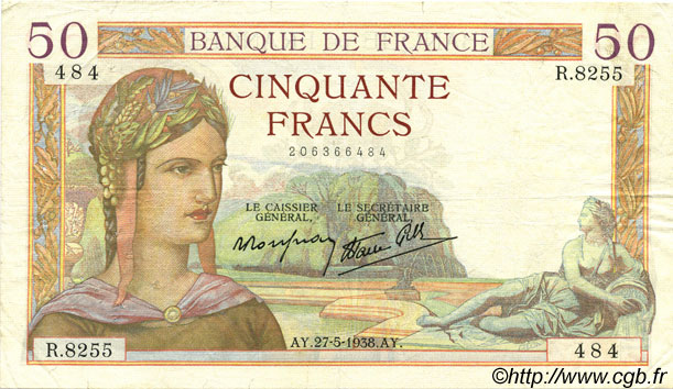 50 Francs CÉRÈS modifié FRANKREICH  1938 F.18.13 SS