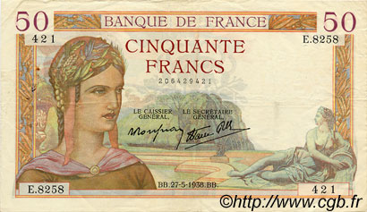 50 Francs CÉRÈS modifié FRANKREICH  1938 F.18.13 SS