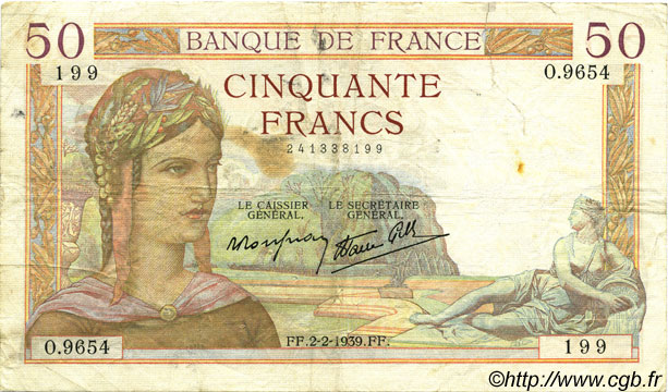 50 Francs CÉRÈS modifié FRANKREICH  1939 F.18.21 S