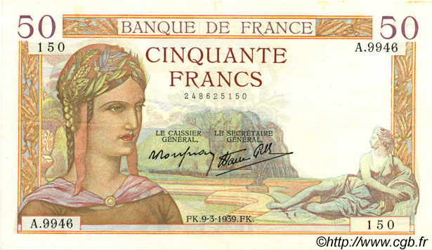 50 Francs CÉRÈS modifié FRANKREICH  1939 F.18.23 VZ