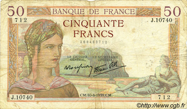 50 Francs CÉRÈS modifié FRANKREICH  1939 F.18.29 fS
