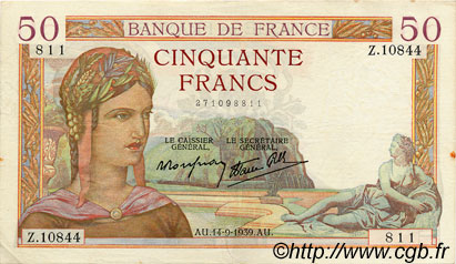 50 Francs CÉRÈS modifié FRANKREICH  1939 F.18.30 SS