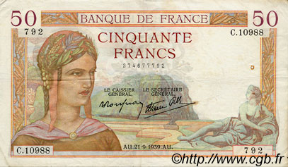 50 Francs CÉRÈS modifié FRANKREICH  1939 F.18.31 SS