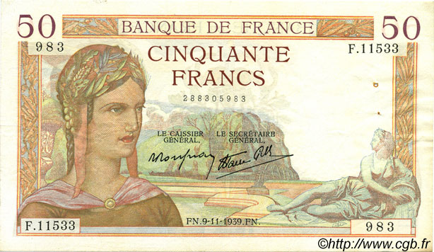 50 Francs CÉRÈS modifié FRANKREICH  1939 F.18.34 fVZ