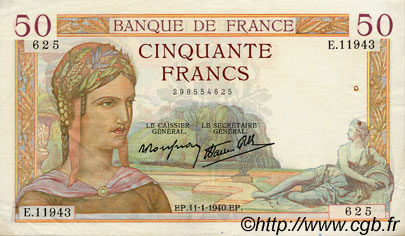 50 Francs CÉRÈS modifié FRANCIA  1940 F.18.37 MBC+