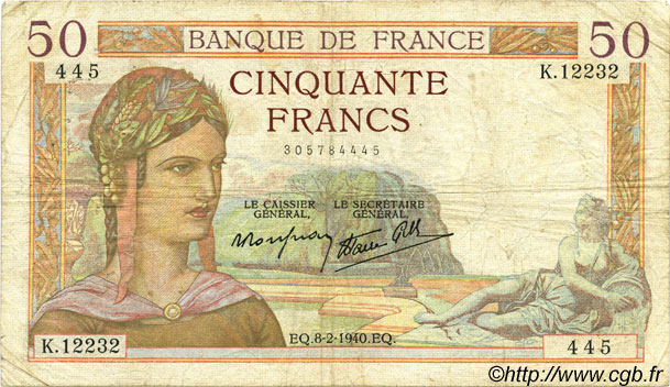 50 Francs CÉRÈS modifié FRANCIA  1940 F.18.38 MB