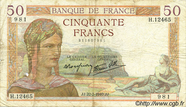 50 Francs CÉRÈS modifié FRANCE  1940 F.18.39 F