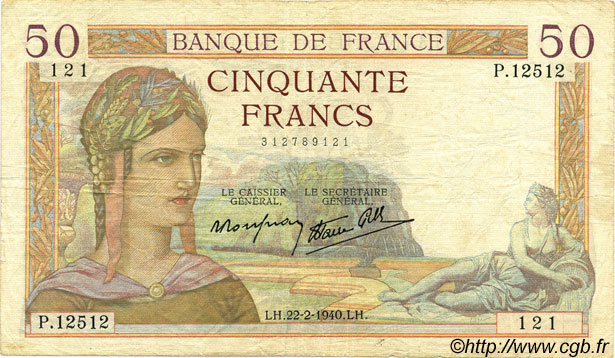 50 Francs CÉRÈS modifié FRANKREICH  1940 F.18.39 fSS