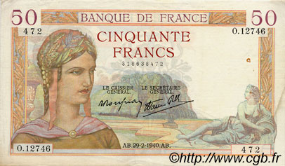 50 Francs CÉRÈS modifié FRANKREICH  1940 F.18.40 fVZ