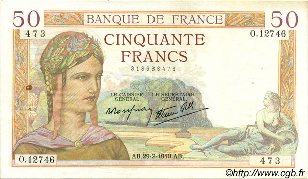 50 Francs CÉRÈS modifié FRANKREICH  1940 F.18.40 fVZ