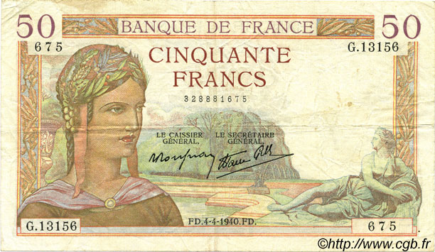 50 Francs CÉRÈS modifié FRANKREICH  1940 F.18.42 SS
