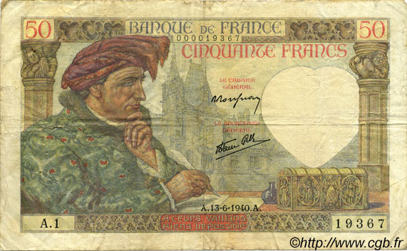 50 Francs JACQUES CŒUR FRANKREICH  1940 F.19.01 fSS