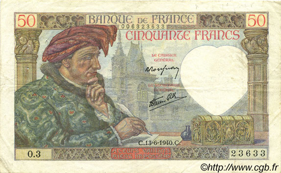 50 Francs JACQUES CŒUR FRANCE  1940 F.19.01 VF