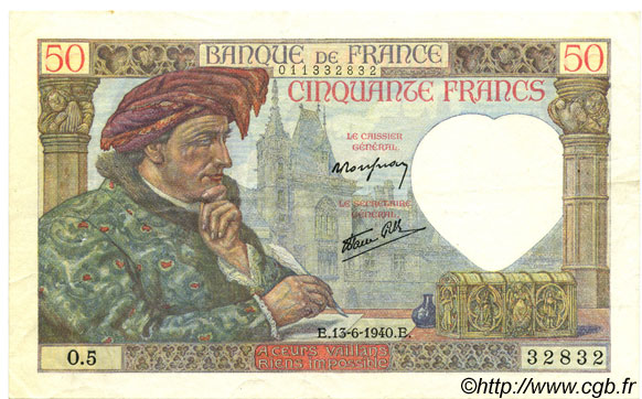 50 Francs JACQUES CŒUR FRANKREICH  1940 F.19.01 fVZ