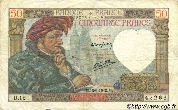 50 Francs JACQUES CŒUR FRANCE  1940 F.19.01 VF