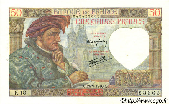 50 Francs JACQUES CŒUR FRANCIA  1940 F.19.03 SPL a AU