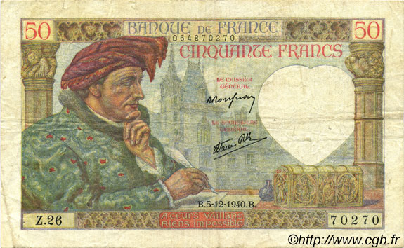 50 Francs JACQUES CŒUR FRANCIA  1940 F.19.04 q.BB