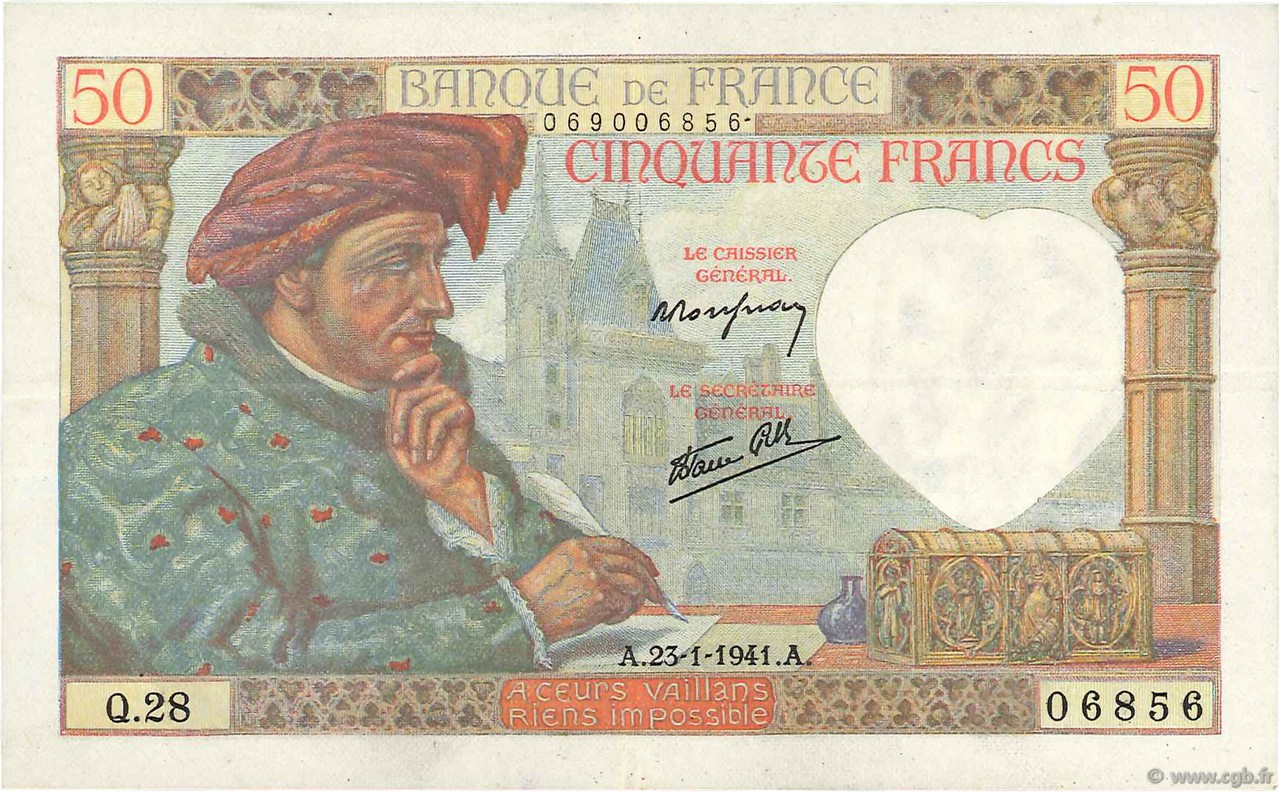 50 Francs JACQUES CŒUR FRANCE  1941 F.19.05 XF