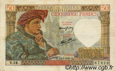 50 Francs JACQUES CŒUR FRANKREICH  1941 F.19.05 SS