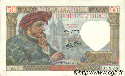 50 Francs JACQUES CŒUR FRANCE  1941 F.19.05 XF+