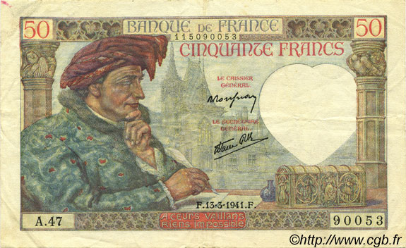 50 Francs JACQUES CŒUR FRANCIA  1941 F.19.07 MBC