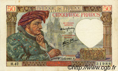 50 Francs JACQUES CŒUR FRANKREICH  1941 F.19.07 VZ