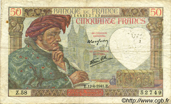 50 Francs JACQUES CŒUR FRANKREICH  1941 F.19.08 fS