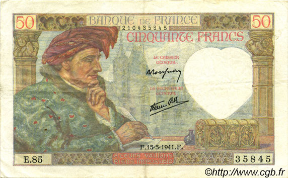 50 Francs JACQUES CŒUR FRANCIA  1941 F.19.11 q.SPL