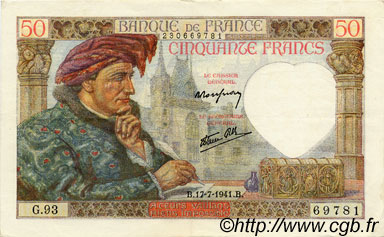 50 Francs JACQUES CŒUR FRANCE  1941 F.19.12 XF