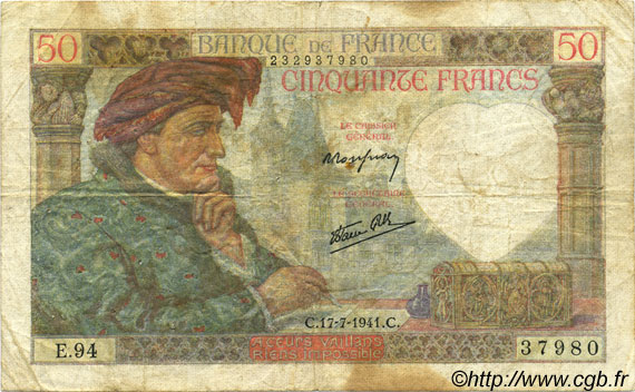 50 Francs JACQUES CŒUR FRANCIA  1941 F.19.12 RC+