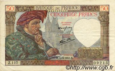 50 Francs JACQUES CŒUR FRANKREICH  1941 F.19.14 SS to VZ