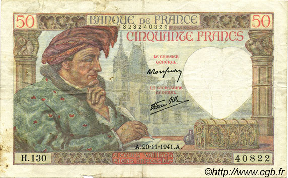 50 Francs JACQUES CŒUR FRANCE  1941 F.19.16 VF-
