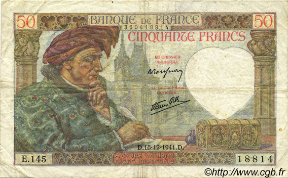 50 Francs JACQUES CŒUR FRANCE  1941 F.19.17 VF