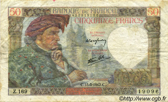 50 Francs JACQUES CŒUR FRANCIA  1942 F.19.20 BC