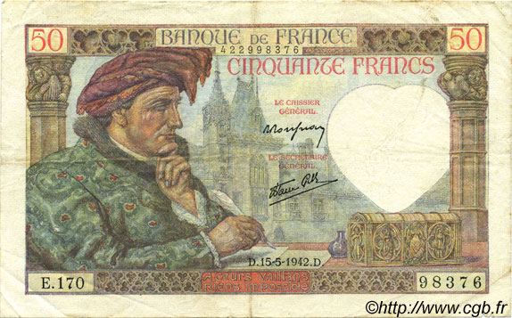 50 Francs JACQUES CŒUR FRANCIA  1942 F.19.20 BB