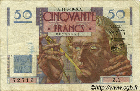 50 Francs LE VERRIER FRANCIA  1946 F.20.01 BC+
