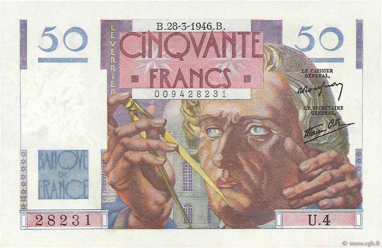50 Francs LE VERRIER FRANCIA  1946 F.20.02 AU