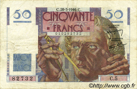 50 Francs LE VERRIER FRANKREICH  1946 F.20.02 fSS