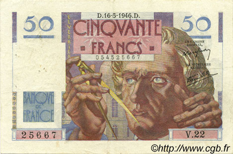 50 Francs LE VERRIER FRANKREICH  1946 F.20.04 SS