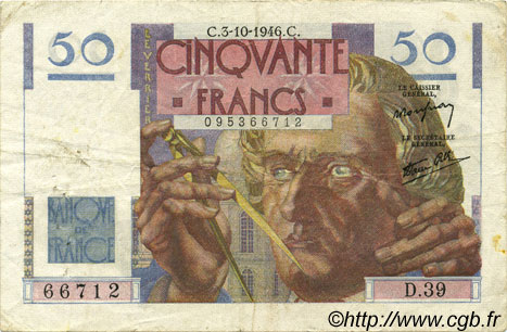 50 Francs LE VERRIER FRANCIA  1946 F.20.06 BB