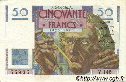 50 Francs LE VERRIER FRANCE  1950 F.20.14 XF