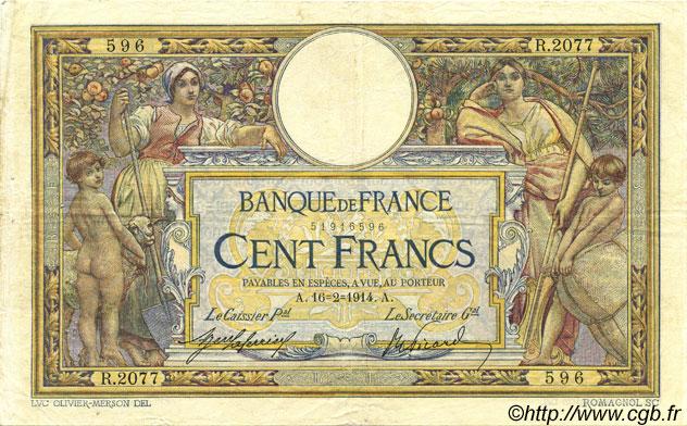 100 Francs LUC OLIVIER MERSON sans LOM FRANCE  1914 F.23.06 VF