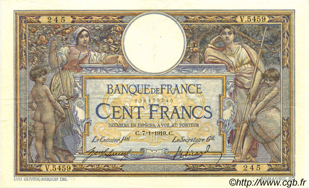 100 Francs LUC OLIVIER MERSON sans LOM FRANCE  1919 F.23.11 TTB+
