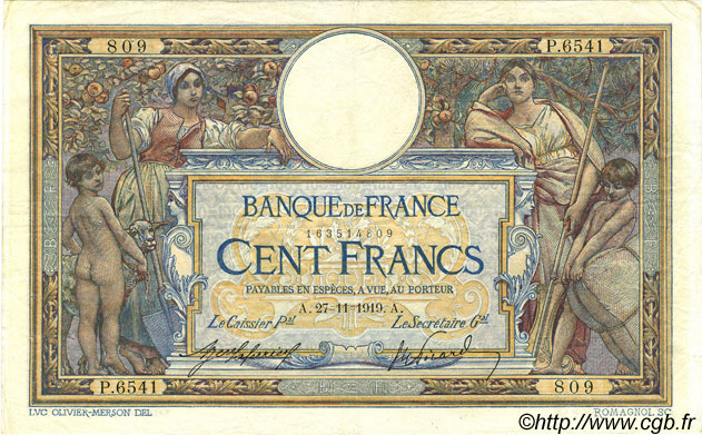 100 Francs LUC OLIVIER MERSON sans LOM FRANCE  1919 F.23.11 TTB+