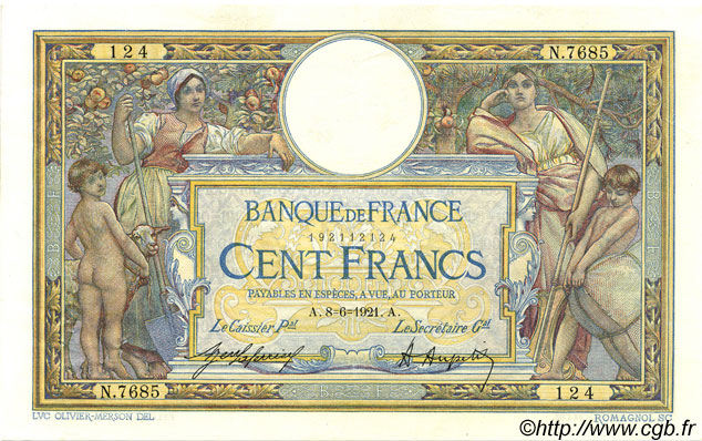 100 Francs LUC OLIVIER MERSON sans LOM FRANCIA  1921 F.23.14 BB to SPL