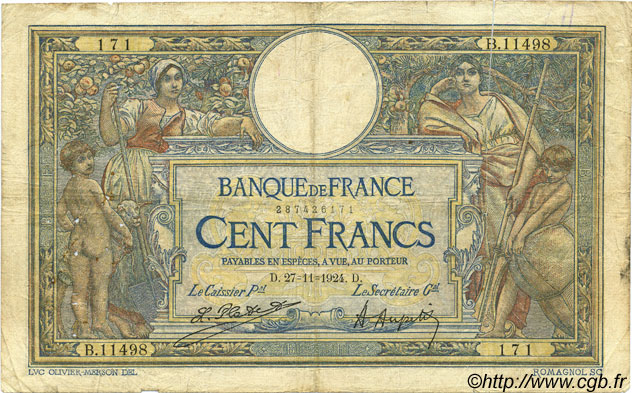 100 Francs LUC OLIVIER MERSON grands cartouches FRANCE  1924 F.24.02 G