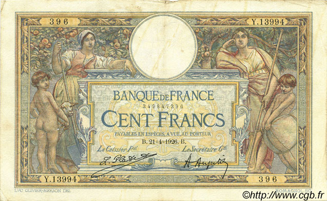100 Francs LUC OLIVIER MERSON grands cartouches FRANCIA  1926 F.24.04 q.BB